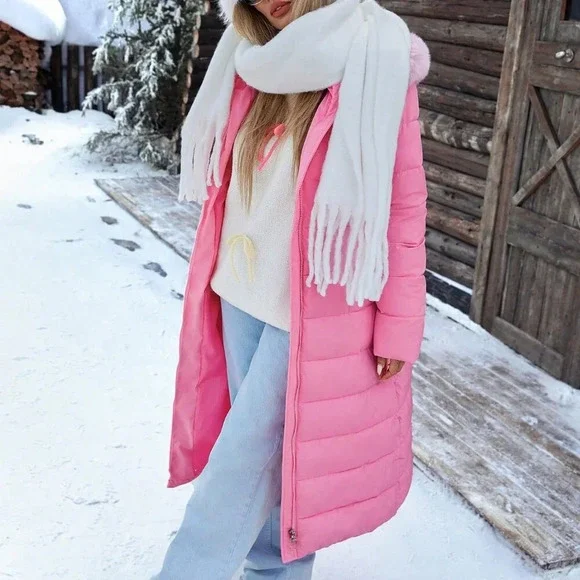 Pink Casual Women's Oversized Furry Collar Hooded Straight Thick Warm Down Coat - Picture 4 of 5